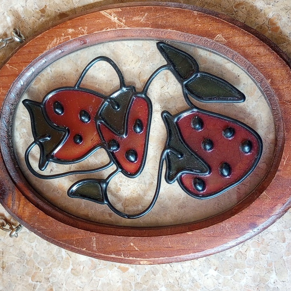Vintage Stained Glass Strawberry Art Decor.  Red Green Brown - Picture 3 of 6